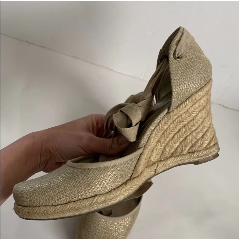 Nine West Golano Ankle Wrap Espadrille Wedge Sandals Metallic Gold